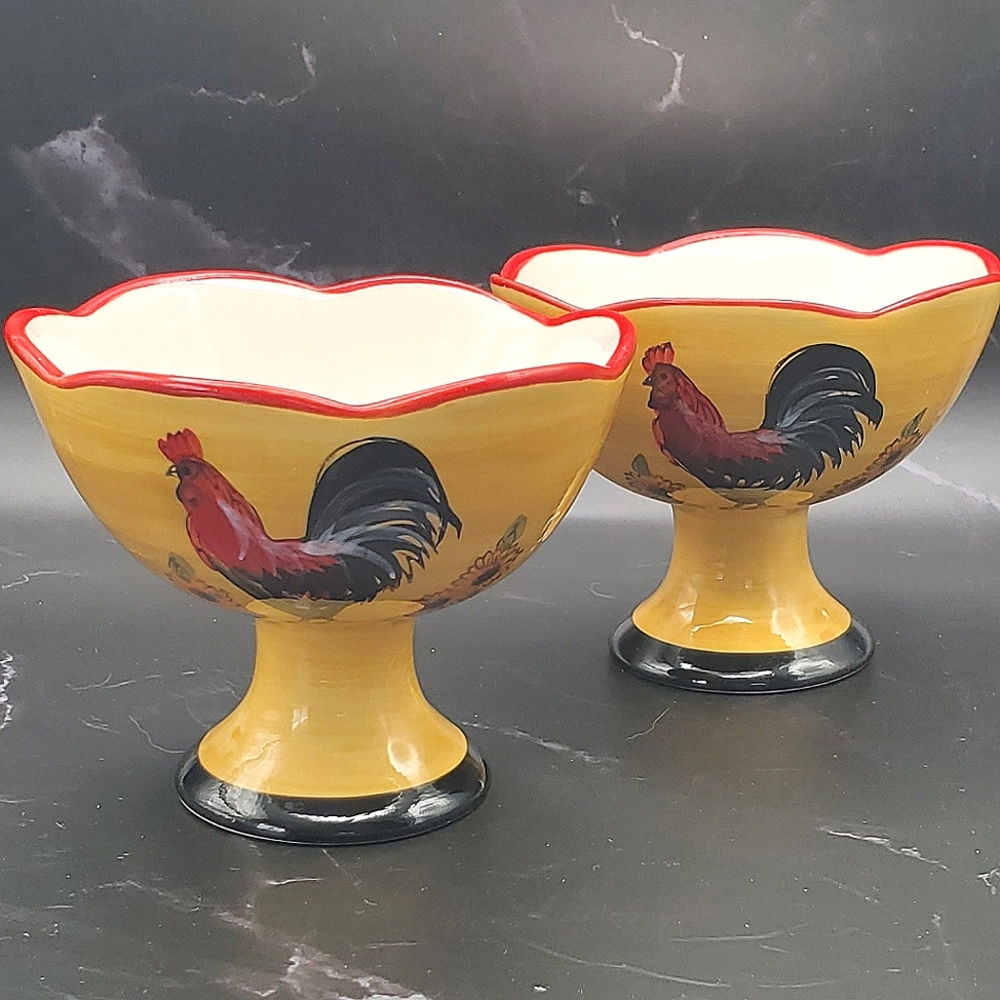 Yellow Ceramic Rooster Bowls. Set Of Two.